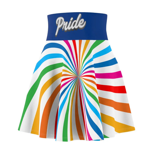 A colorful skirt with a spiral of rainbow stripes converging at the center, celebrating worldwide PRIDE. The blue waistband features Pride written in white script, representing the LGBTQ community.