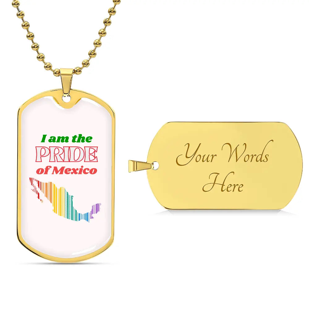 This metal dog tag necklace, featuring a ball chain, proudly showcases a graphic in the shape of Mexico filled with stripes in the order of the rainbow on the front, reflecting the spirit of Worldwide PRIDE. The back is customizable and engraved separately, celebrating and connecting with the LGBTQ community globally.