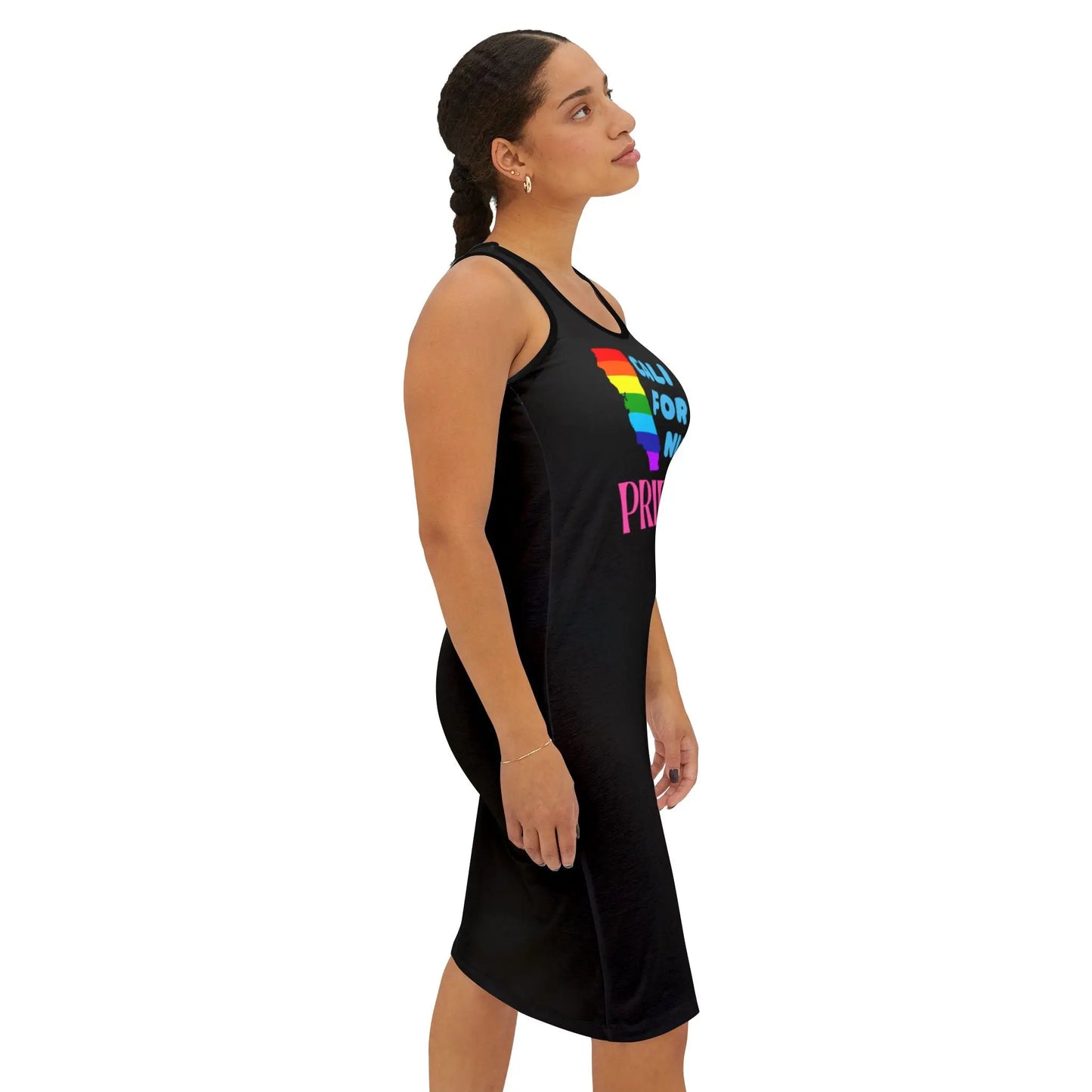 Side view of a woman wearing a black sleeveless dress with 'CALIFORNIA PRIDE' text in rainbow colors on the front.