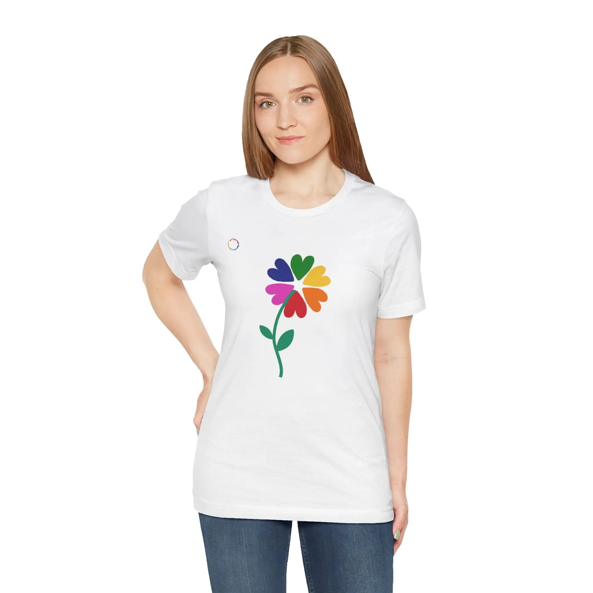 Person is wearing a rainbow colored daisy from the Worldwide-PRIDE store.