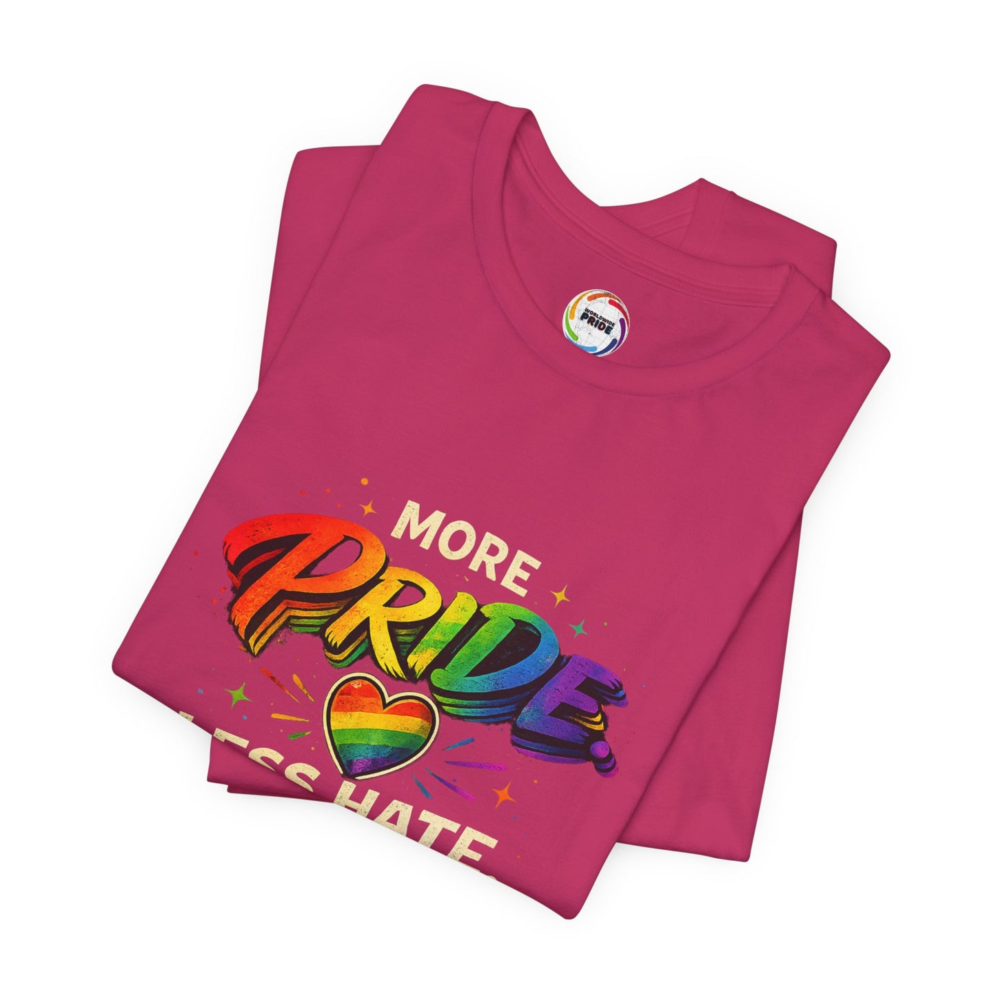 Pride T-Shirt - "More Pride, Less Hate" Rainbow Heart Tee