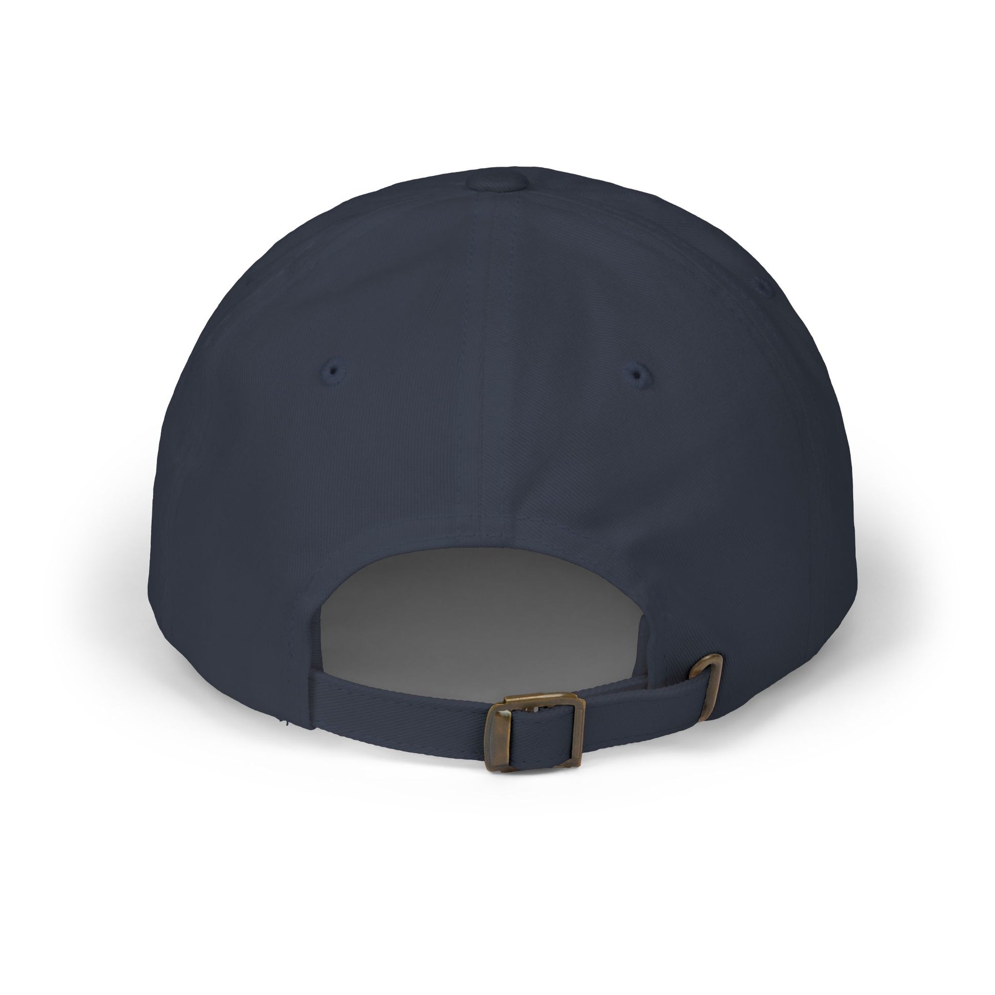 Back view of a navy blue cap from the Worldwide PRIDE store, featuring a rainbow design and the embroidered pronouns he/him.
