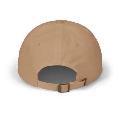 Back view of a khaki cap from the Worldwide PRIDE store, featuring a rainbow design and the embroidered pronouns he/him.