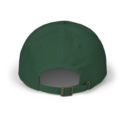Back view of a green cap from the Worldwide PRIDE store, featuring a rainbow design and the embroidered pronouns he/him.