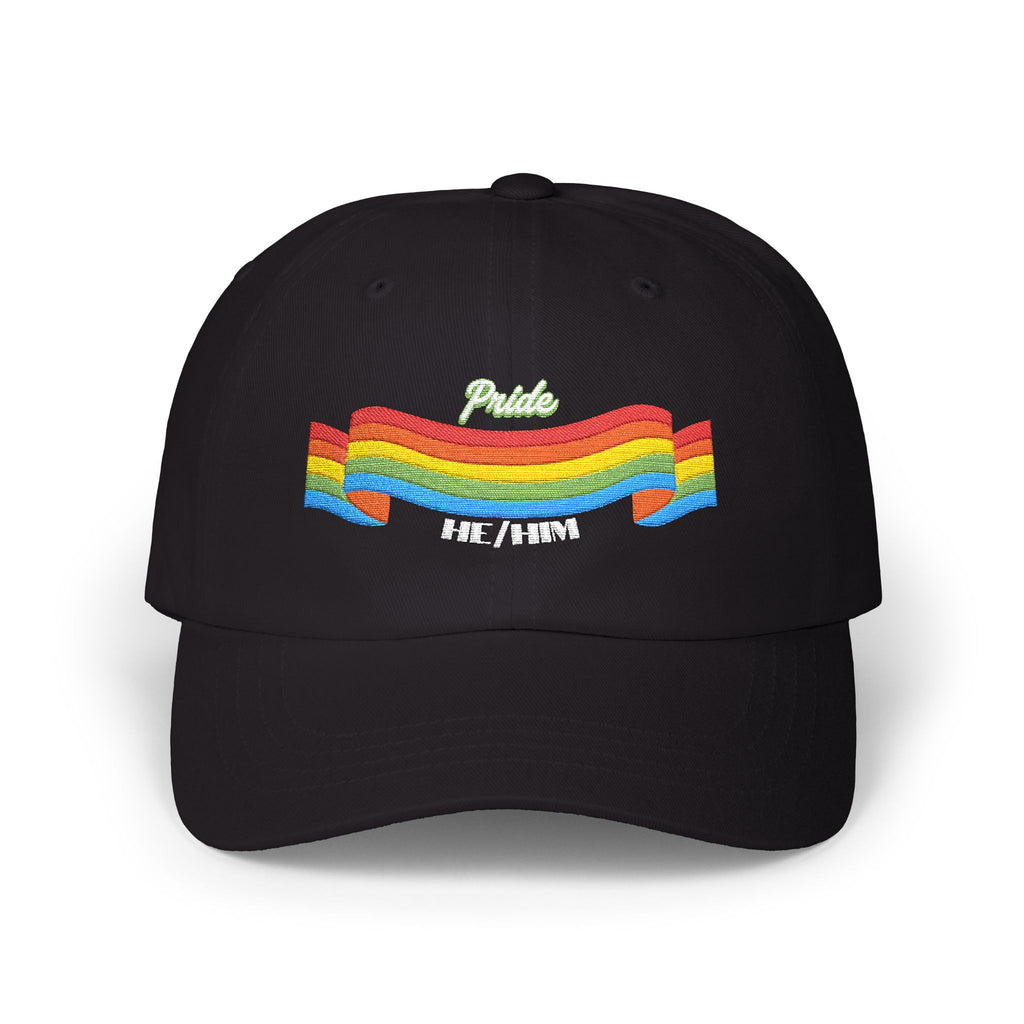 A black cap from the Worldwide PRIDE store, featuring a rainbow design and the embroidered pronouns he/him.