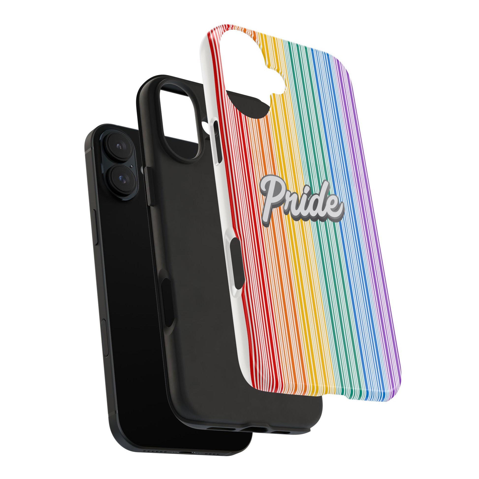 An exploded view of the signature PRIDE iPhone case one with a vibrant rainbow stripe pattern proudly featuring the word Pride. This striking phone case is celebrating the LGBTQ community with its bold design and vivid colors.