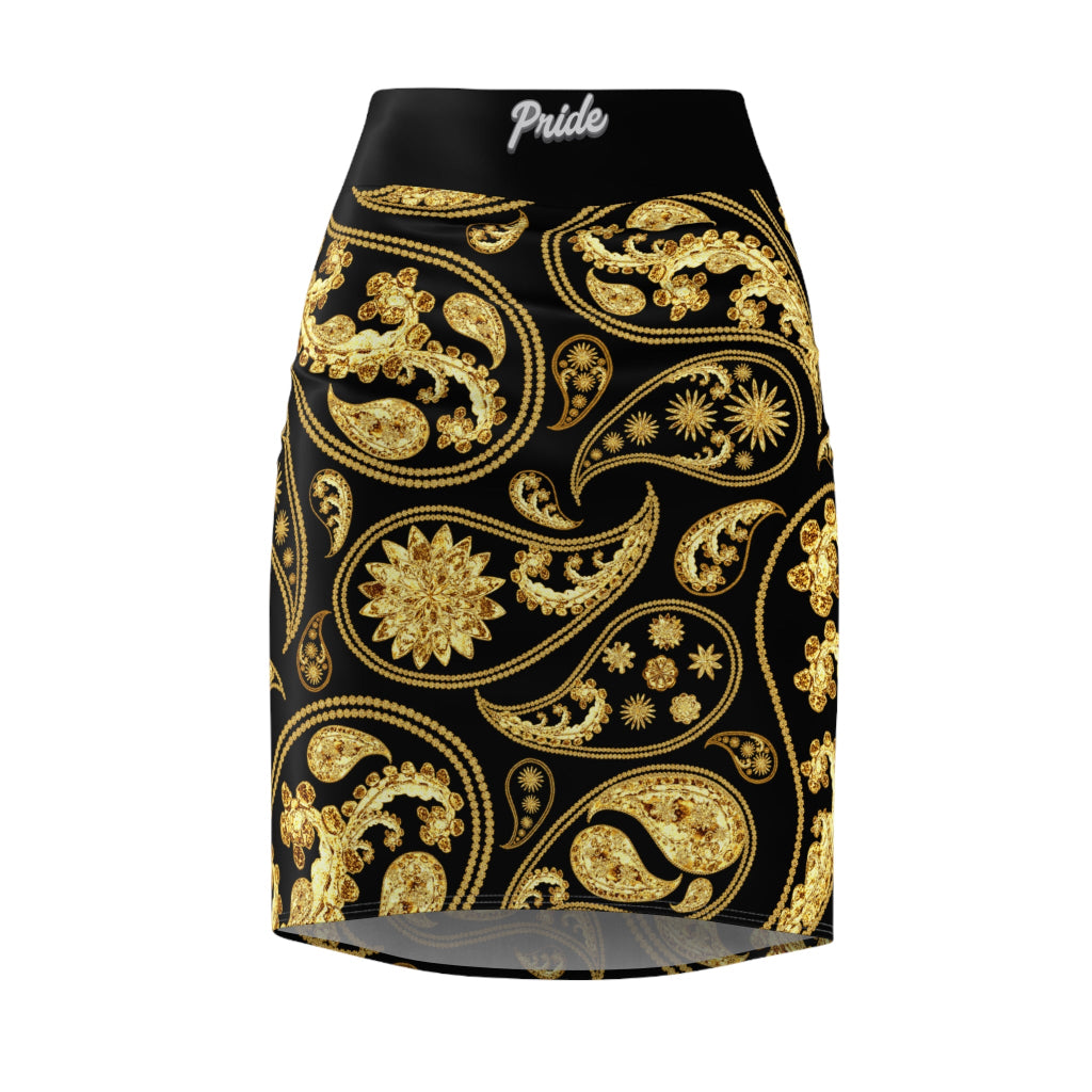 Gold Paisley Women's Pencil Skirt - Elegant Design for LGBTQ community