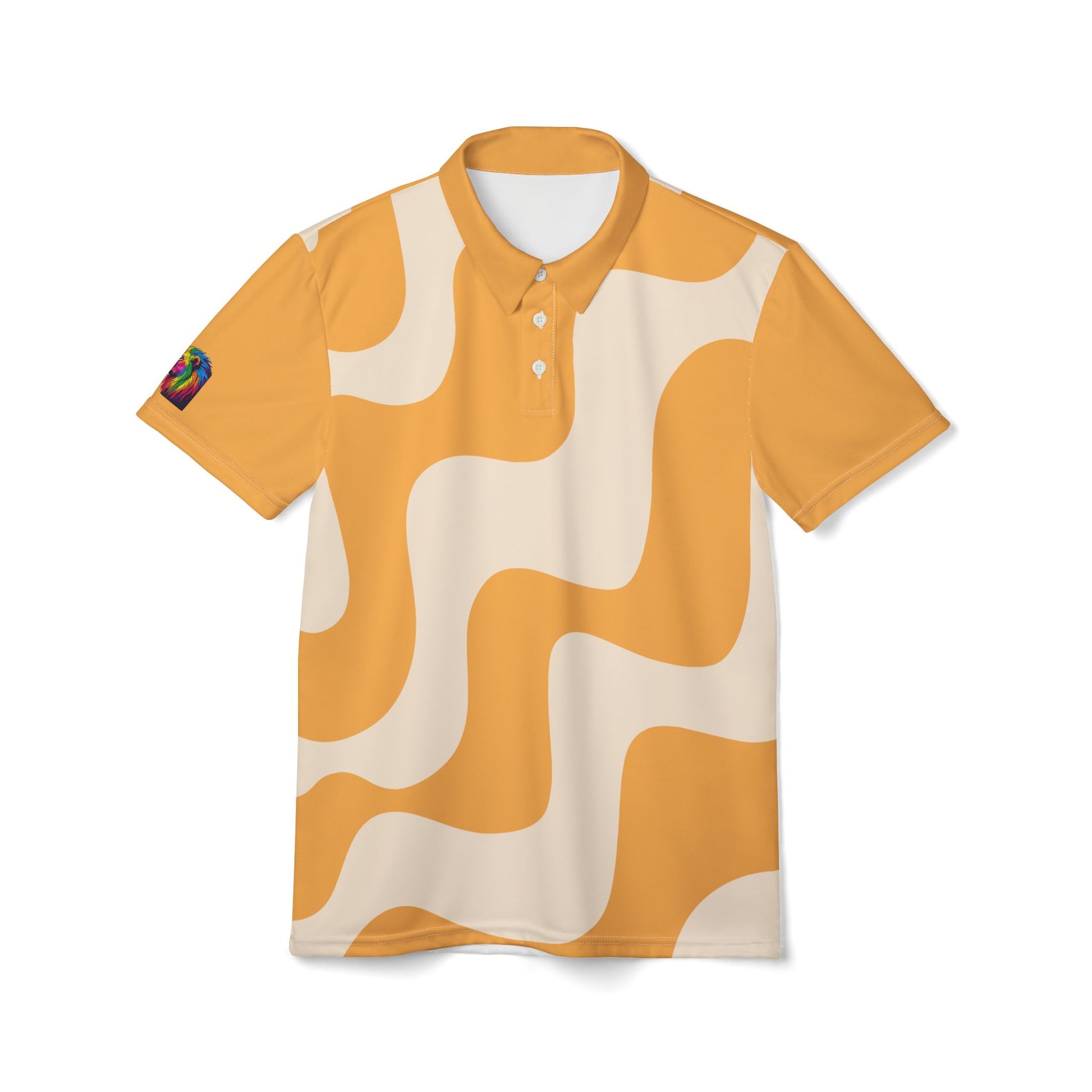 Part of the Subtlety collection, this polo shirt features an abstract wavy pattern in mustard yellow and cream. With short sleeves and a vibrant lion on the right sleeve, it celebrates Worldwide PRIDE against a plain white backdrop.