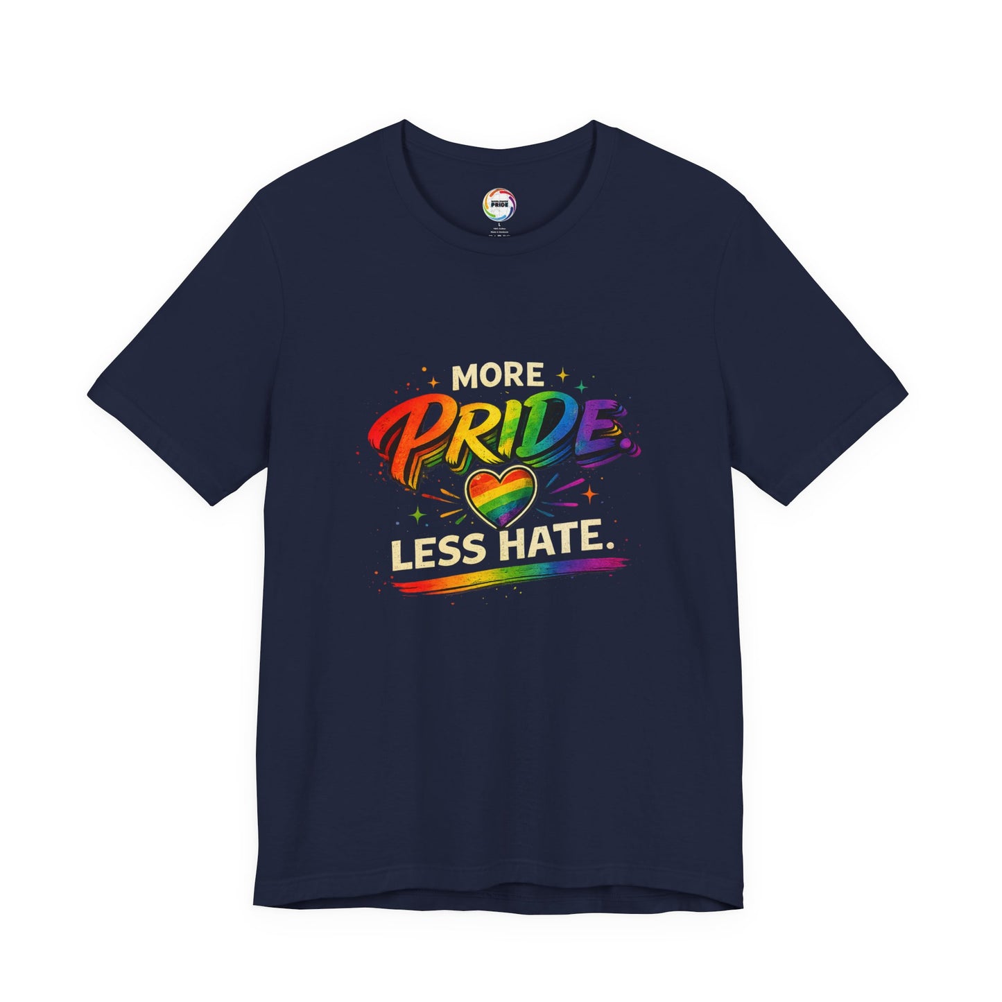 Pride T-Shirt - "More Pride, Less Hate" Rainbow Heart Tee