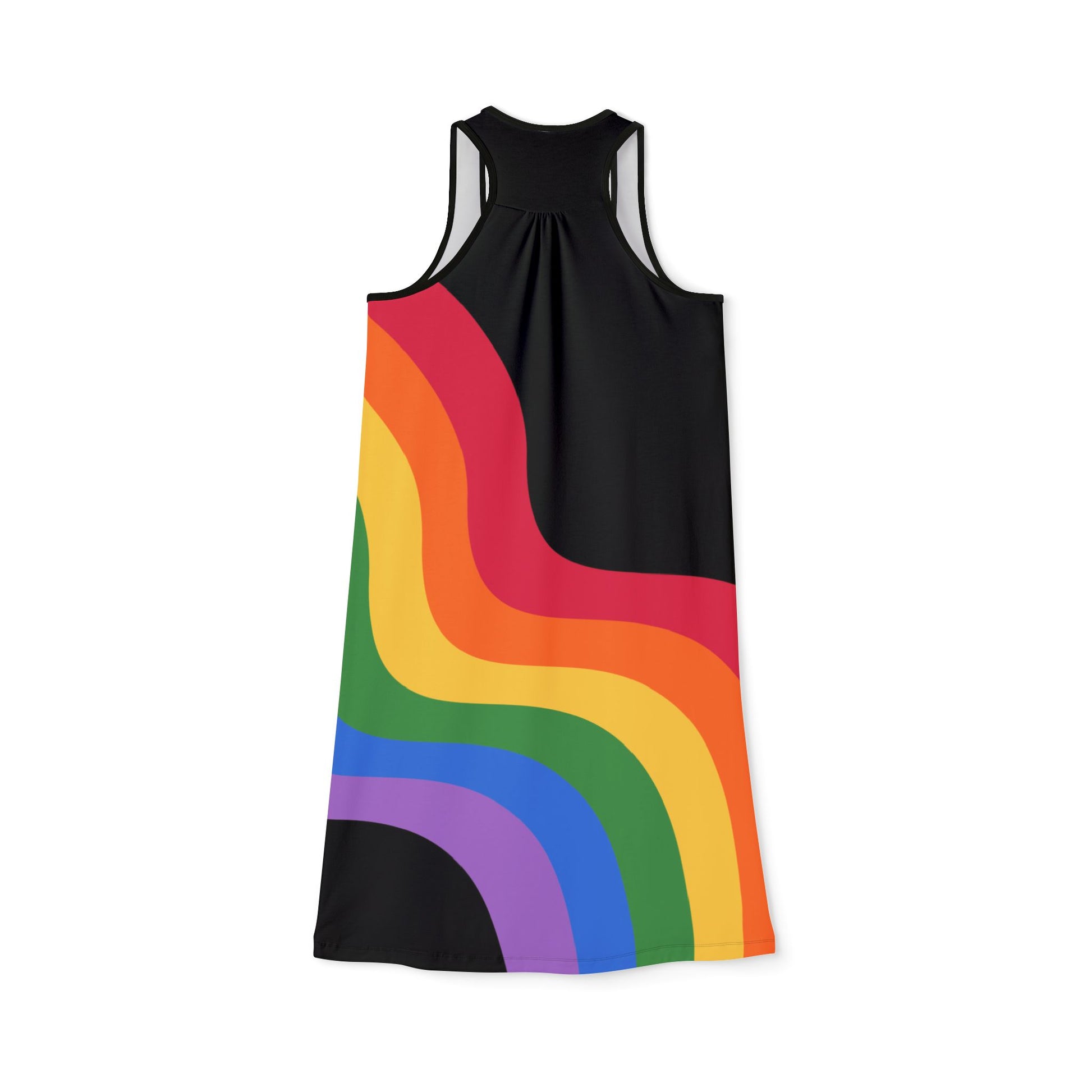 Back side view of a sleeveless black racerback dress adorned with colorful rainbow stripes and the word Pride boldly across the chest. The dress is set against a plain white background, celebrating Worldwide PRIDE.