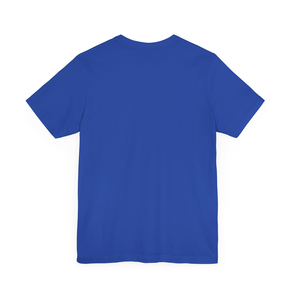 Back of a royal blue Worldwide PRIDE t-shirt against a white background.