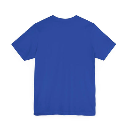 Back of a royal blue Worldwide PRIDE t-shirt against a white background.