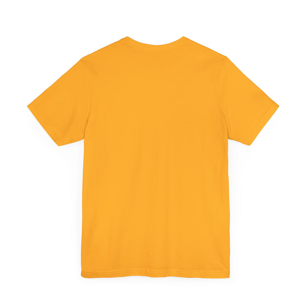 Back of a mustard gold Worldwide PRIDE t-shirt against a white background.