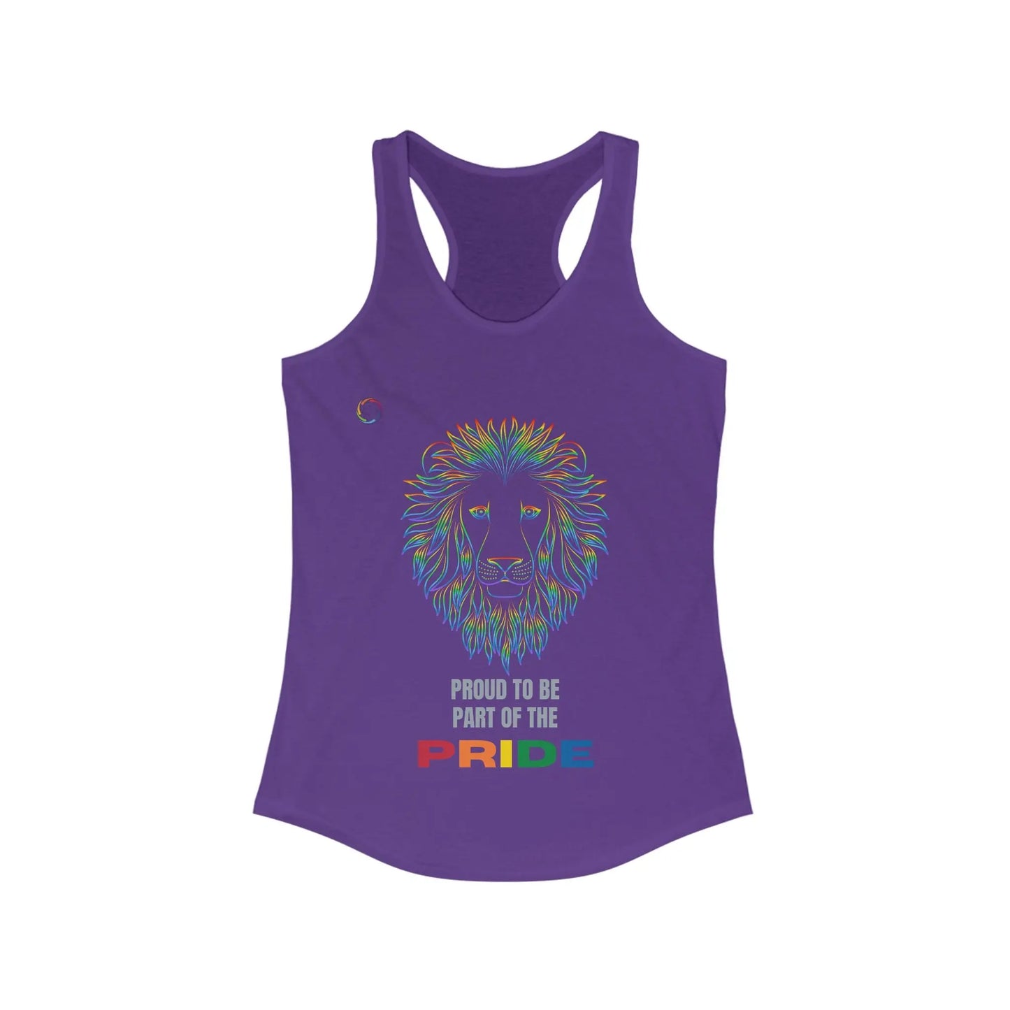 Purple tank top featuring a colorful lion illustration and the text Proud to be part of the PRIDE, with PRIDE in rainbow colors, celebrating the vibrant spirit of the LGBTQ community.
