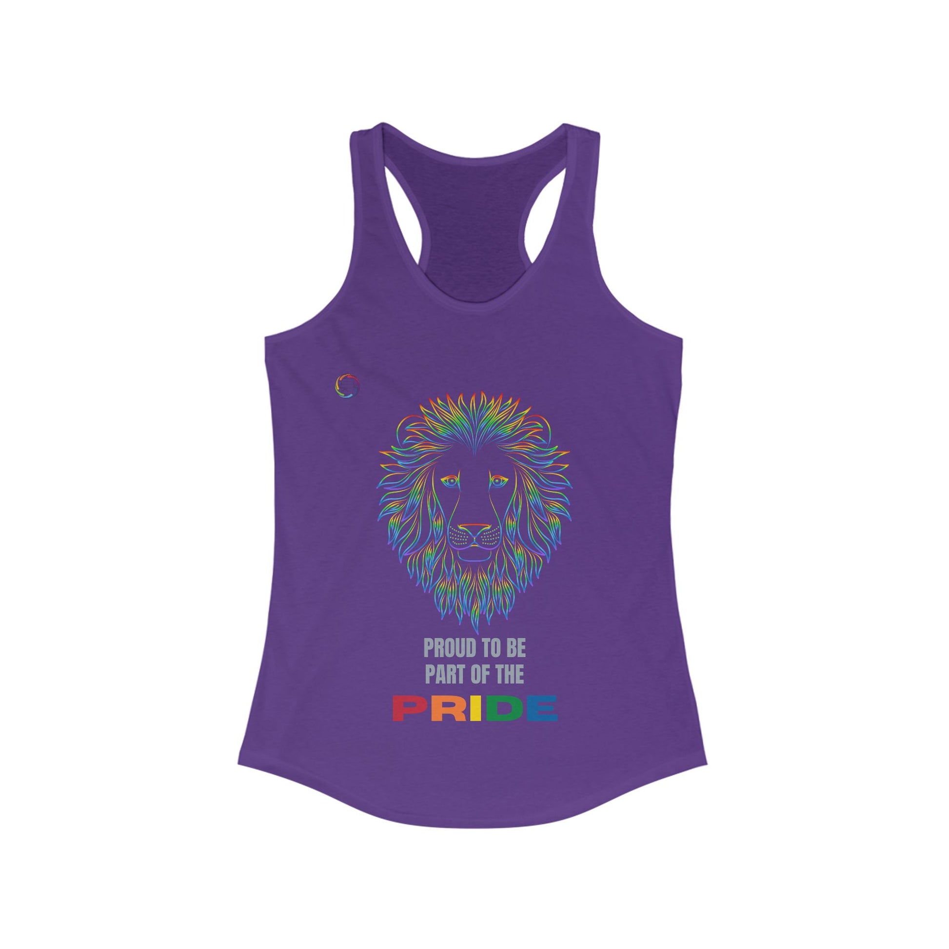Purple tank top featuring a colorful lion illustration and the text Proud to be part of the PRIDE, with PRIDE in rainbow colors, celebrating the vibrant spirit of the LGBTQ community.