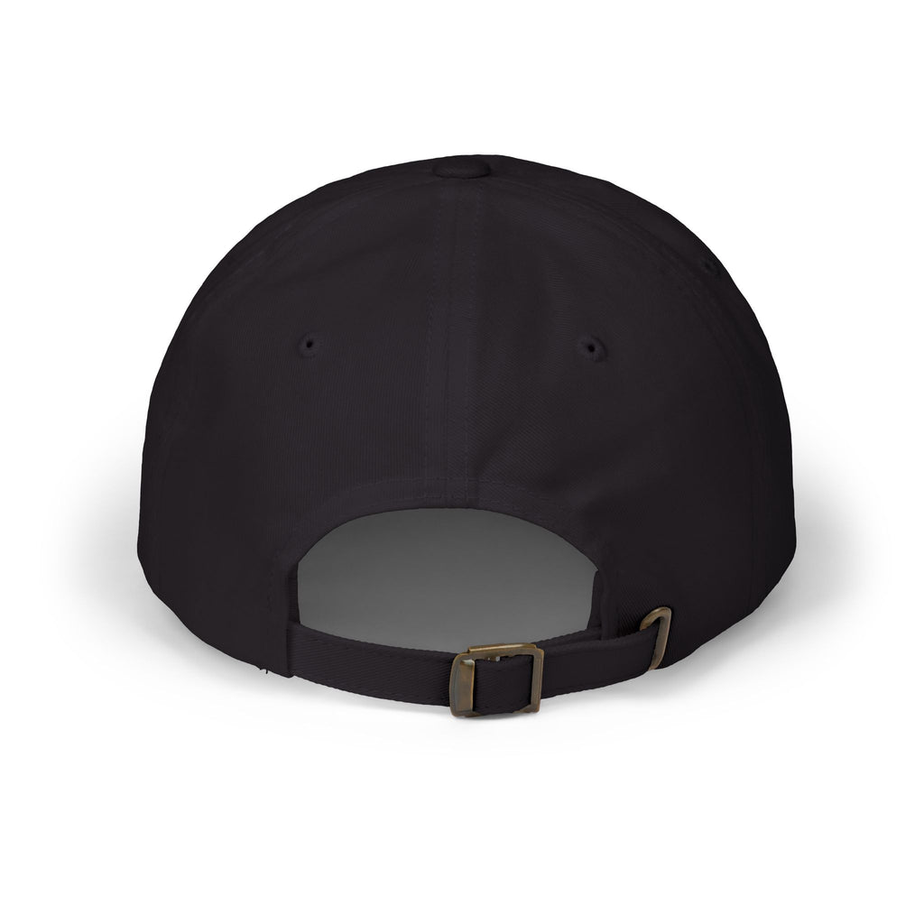Back view of a black cap from the Worldwide PRIDE store, featuring a rainbow design and the embroidered pronouns she/her.