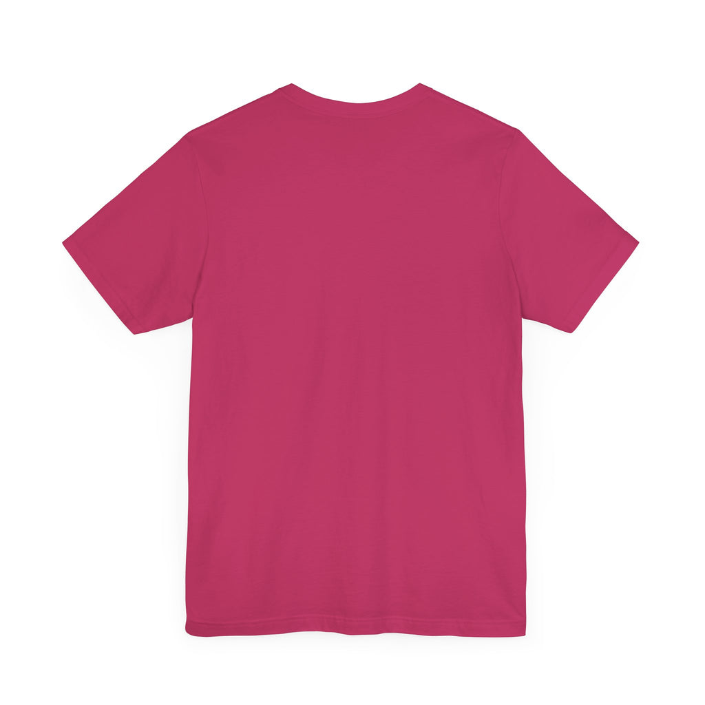Back of a hot pink Worldwide PRIDE t-shirt against a white background.