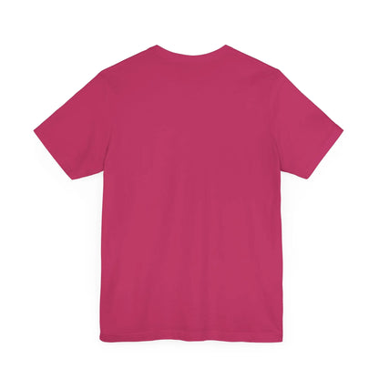 Back of a hot pink Worldwide PRIDE t-shirt against a white background.