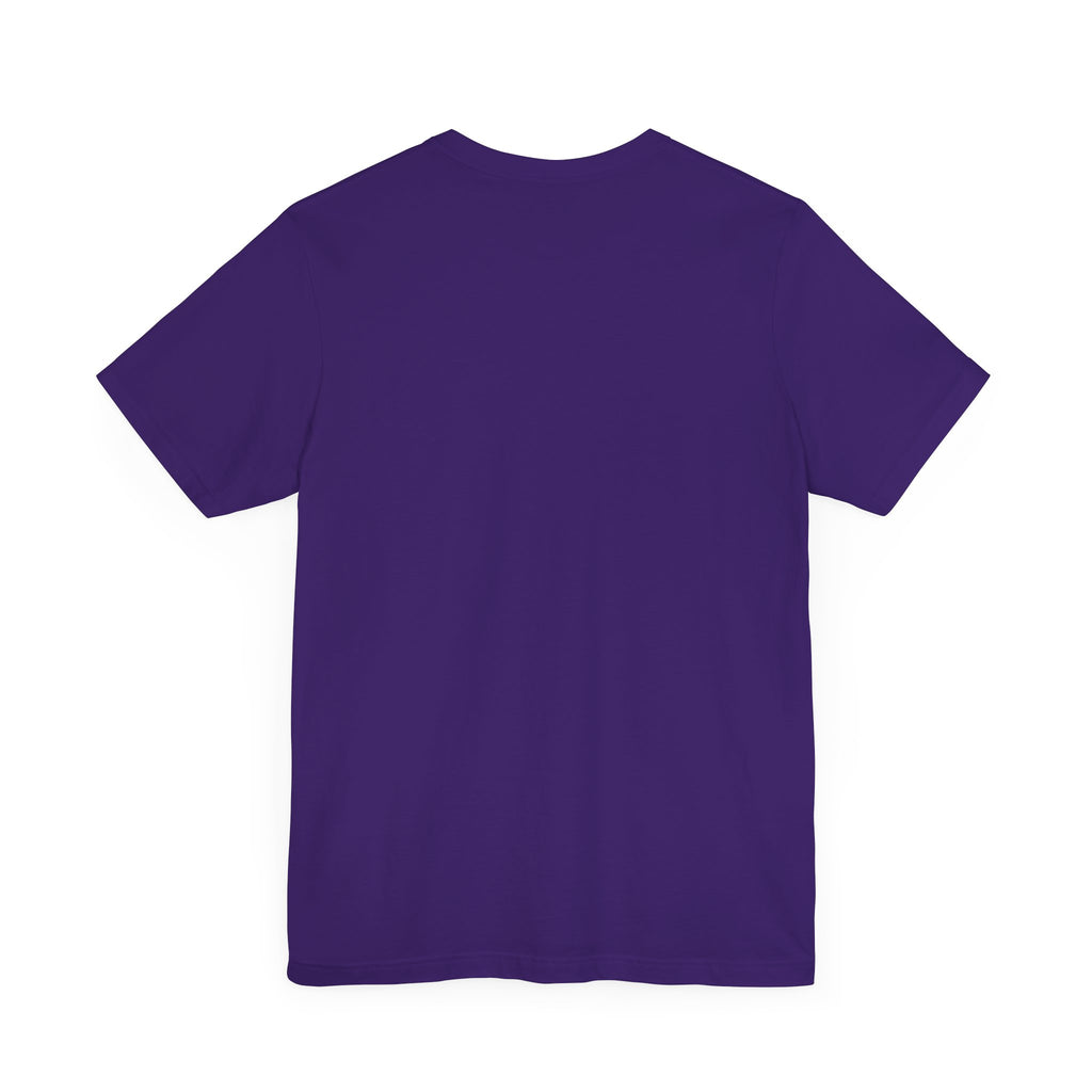 Back of a purple Worldwide PRIDE t-shirt against a white background.