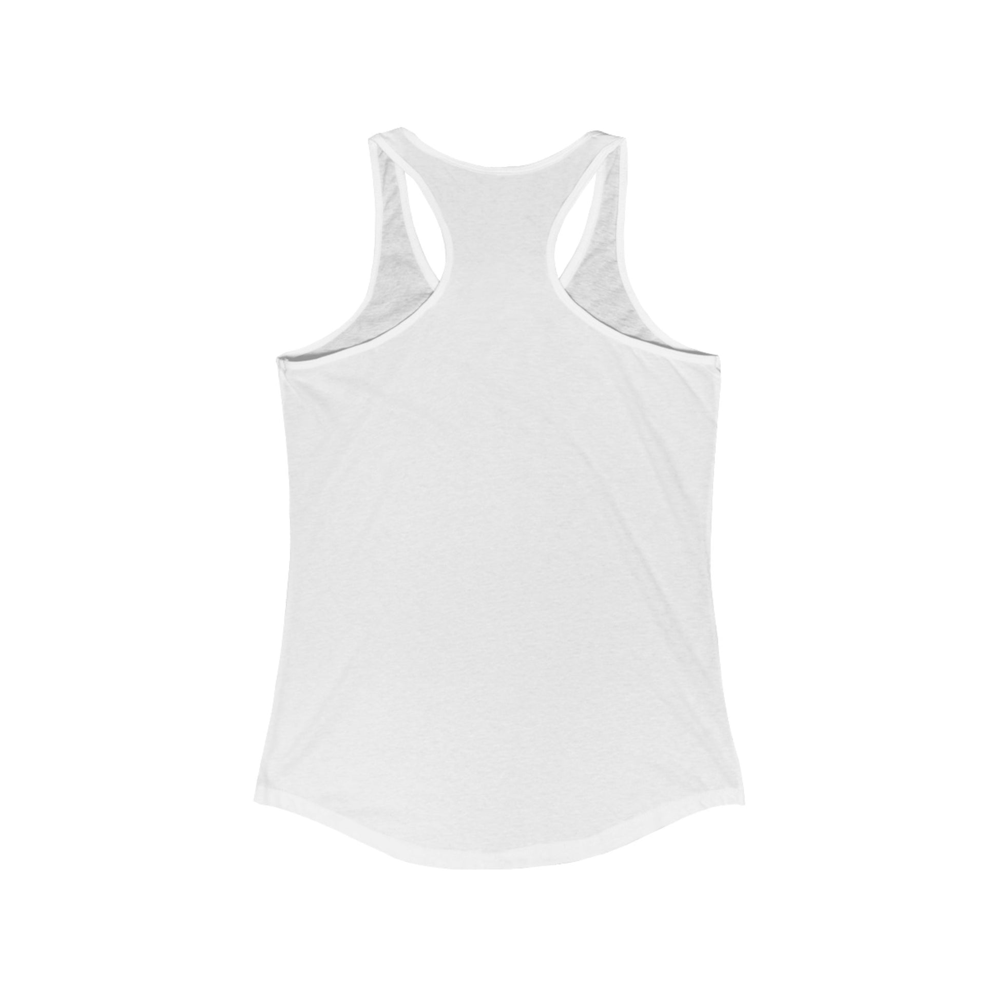 Back of a white racerback tank top against a plain white background.