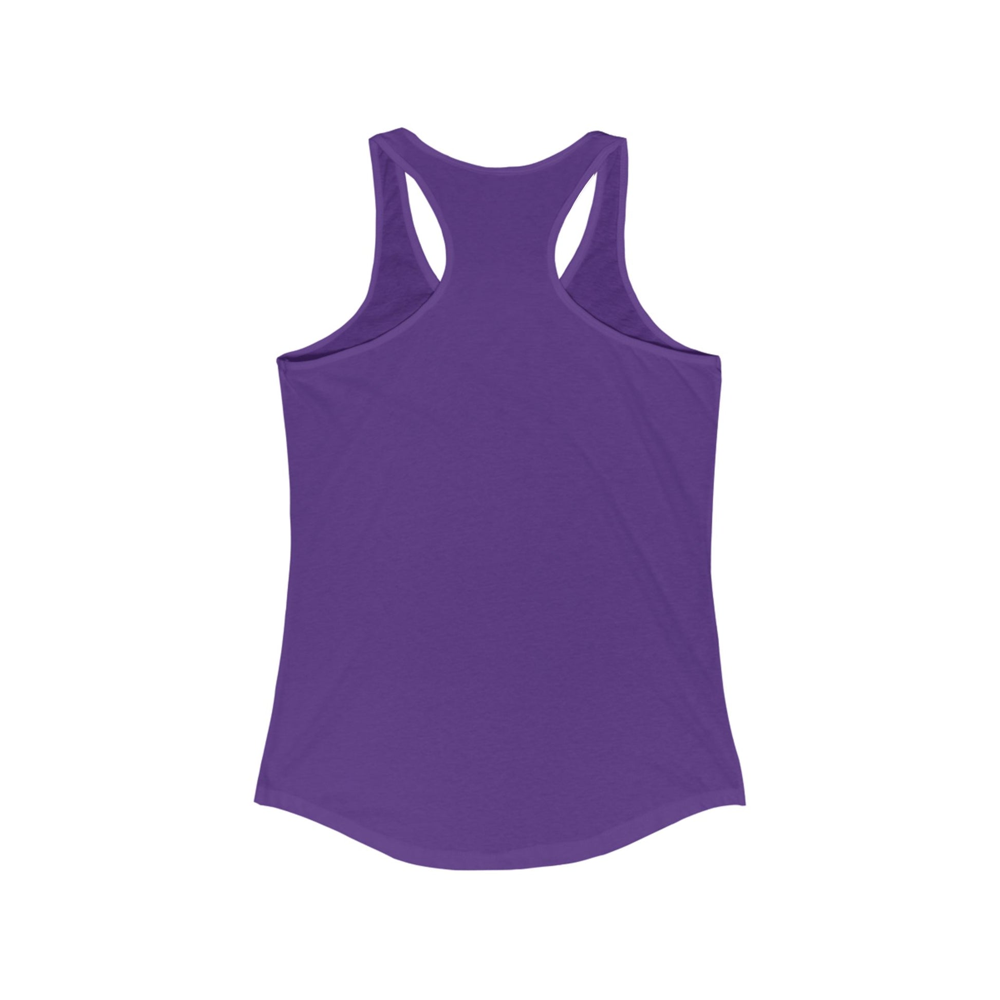 Back of a purple racerback tank top against a plain white background.