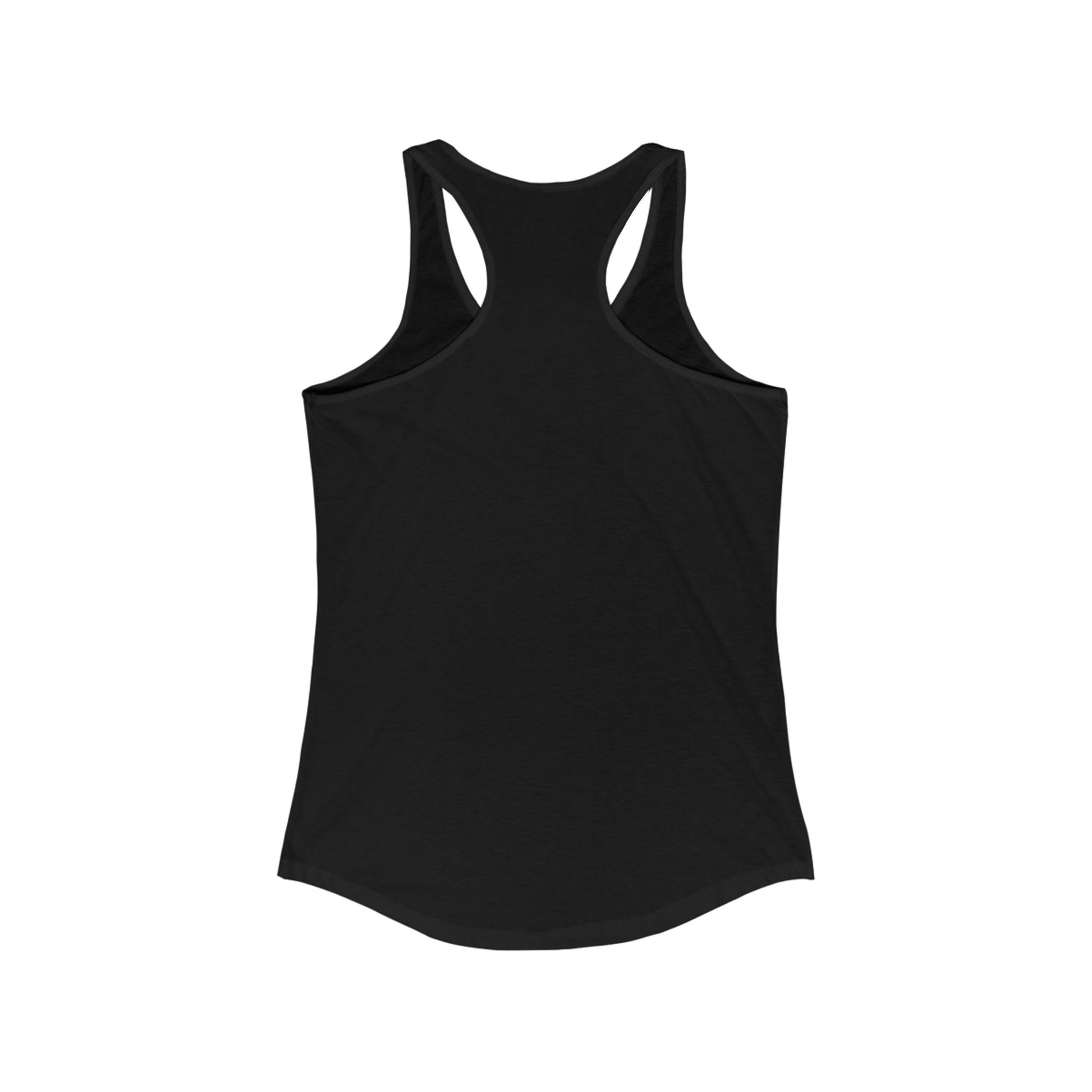 Back of a black racerback tank top against a plain white background.