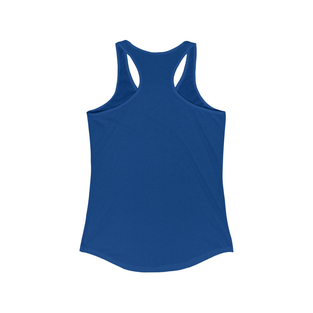 Back of a royal blue racerback tank top against a plain white background.