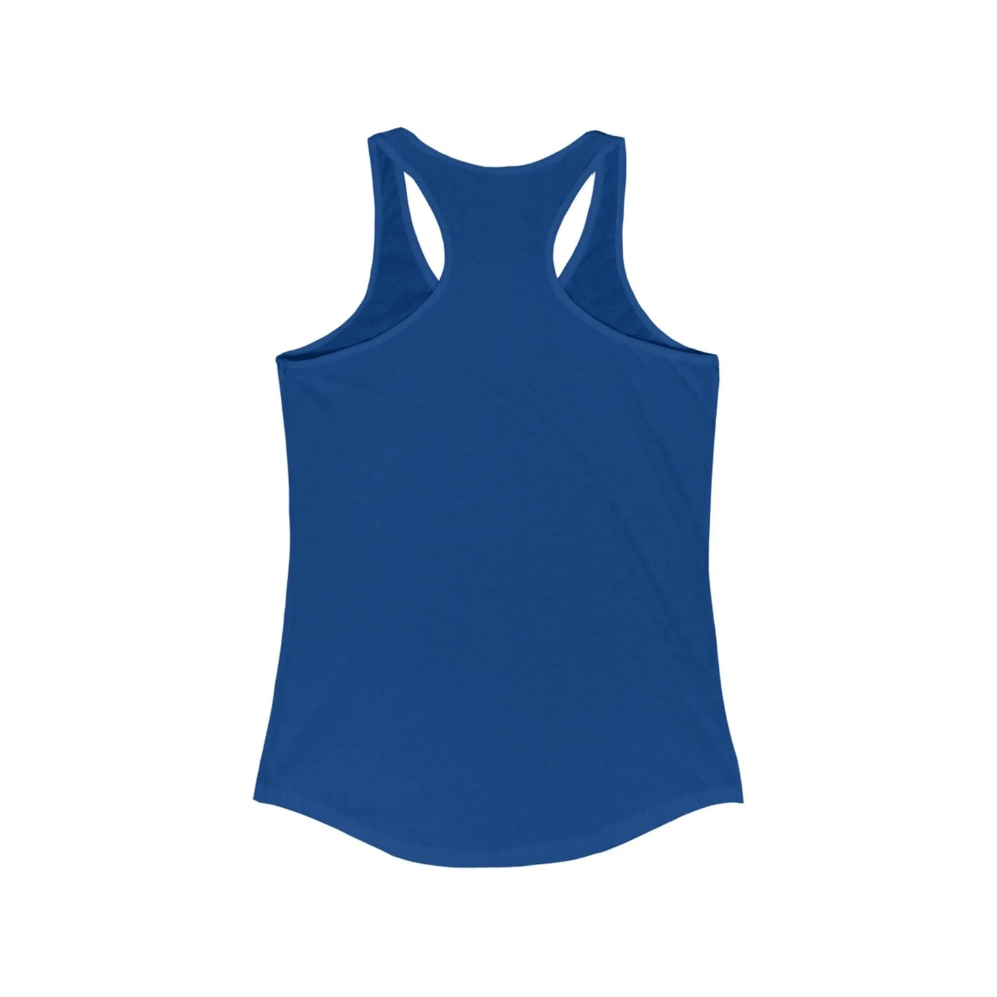 Back of a royal blue racerback tank top against a plain white background.