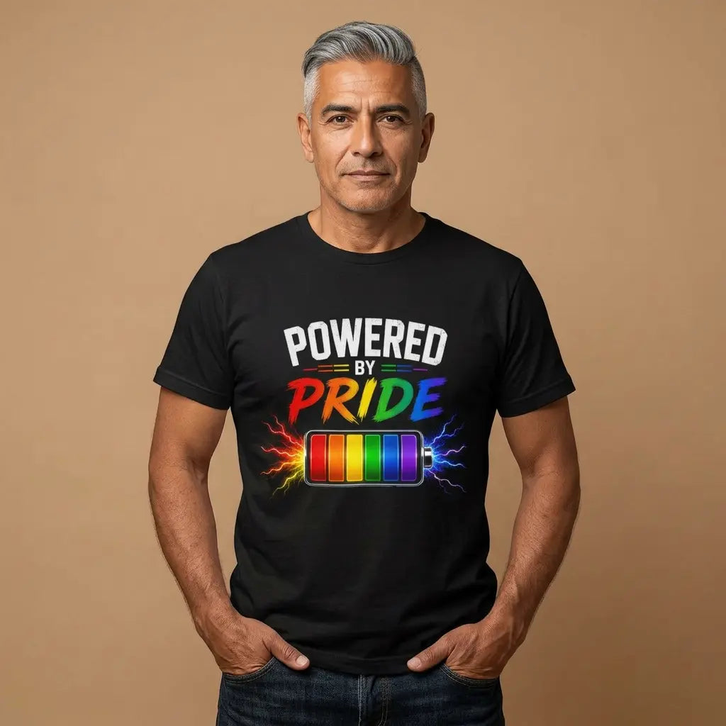 Powered by Pride T‑Shirt — Rainbow Battery LGBTQ+ Pride Tee Printify