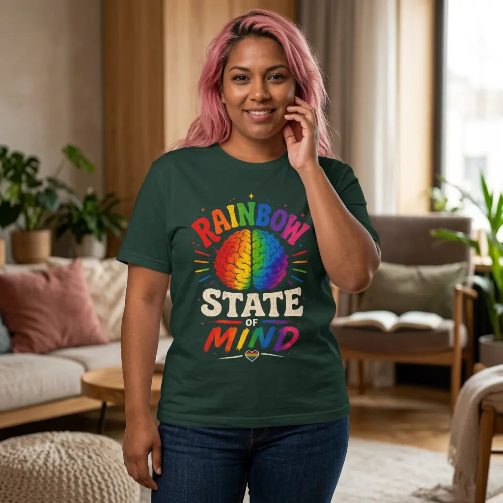 Rainbow State of Mind T‑Shirt — Colorful Brain Pride Graphic Tee Printify