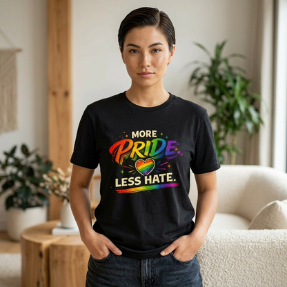 Pride T-Shirt - "More Pride, Less Hate" Rainbow Heart Tee
