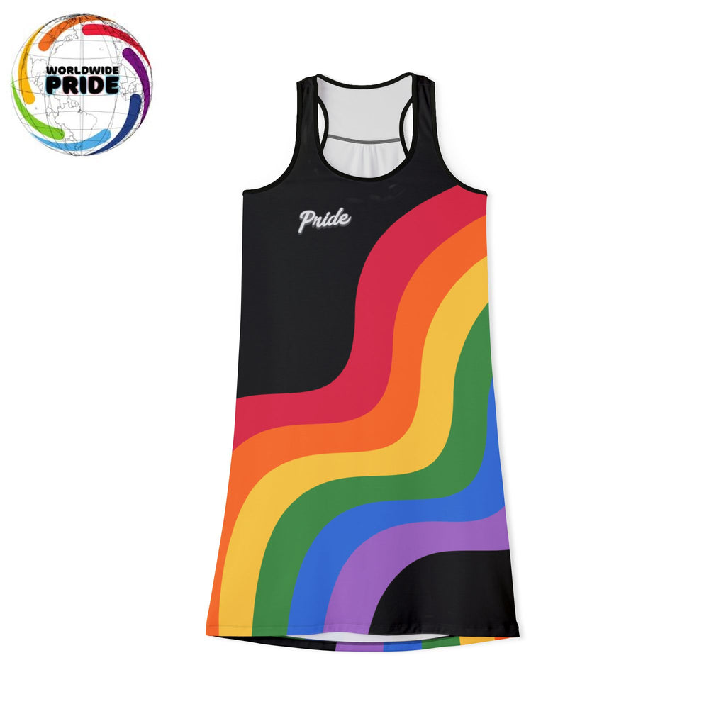 A sleeveless black racerback dress adorned with colorful rainbow stripes and the word Pride boldly across the chest. The dress is set against a plain white background, celebrating Worldwide PRIDE.