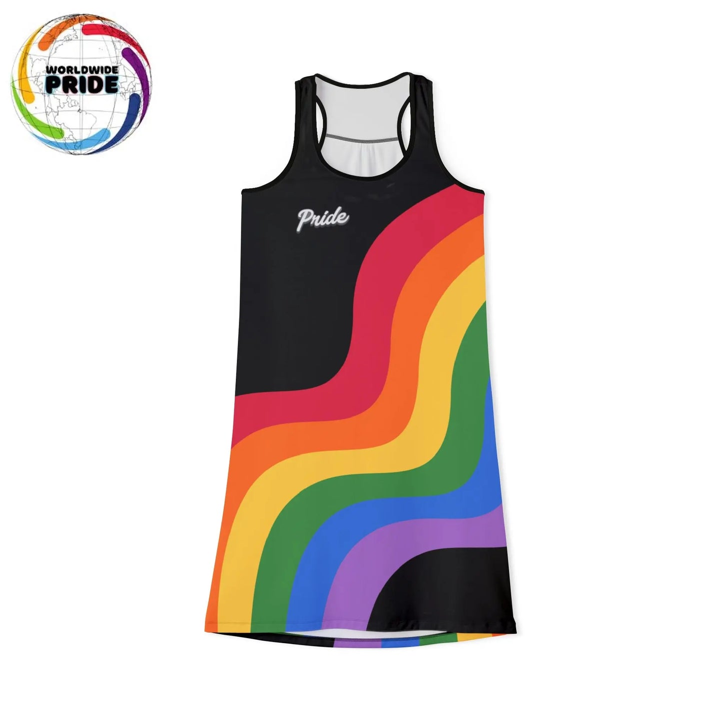 A sleeveless black racerback dress adorned with colorful rainbow stripes and the word Pride boldly across the chest. The dress is set against a plain white background, celebrating Worldwide PRIDE.
