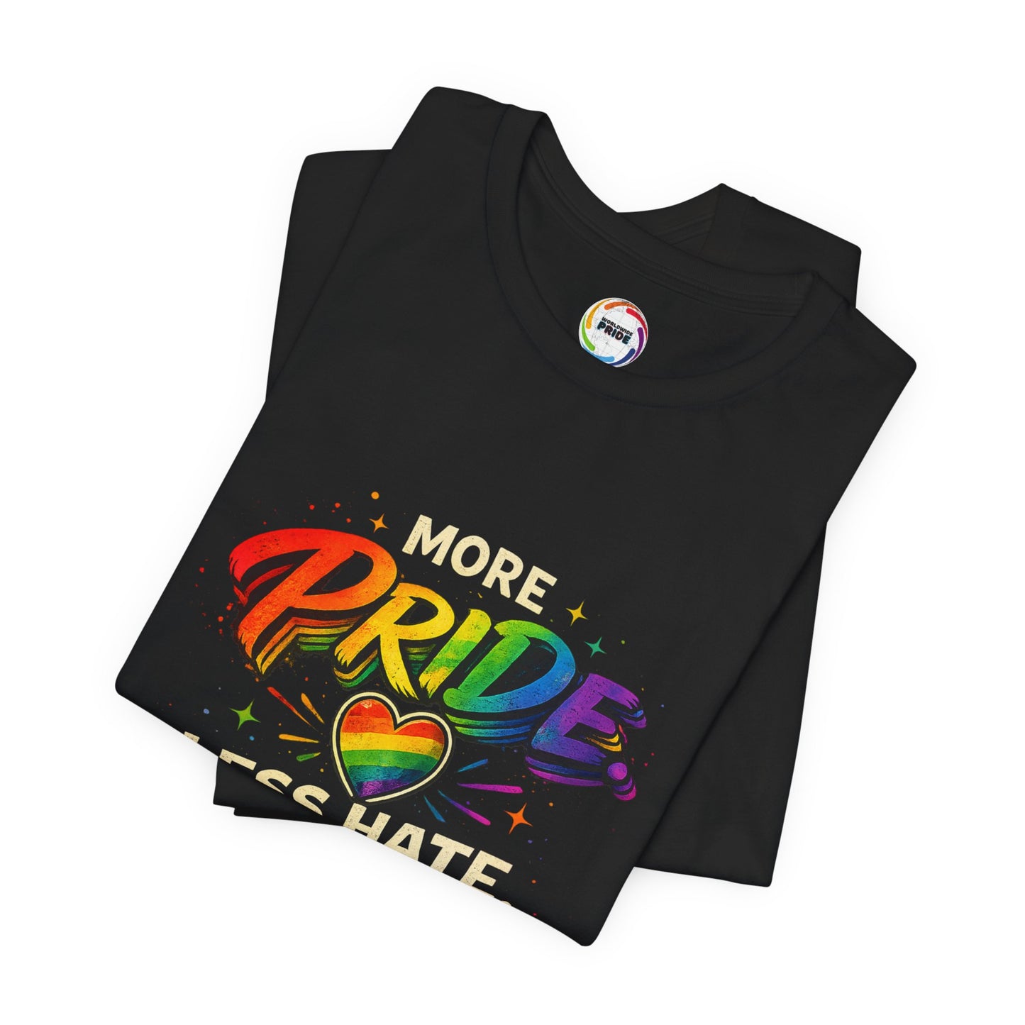 Pride T-Shirt - "More Pride, Less Hate" Rainbow Heart Tee