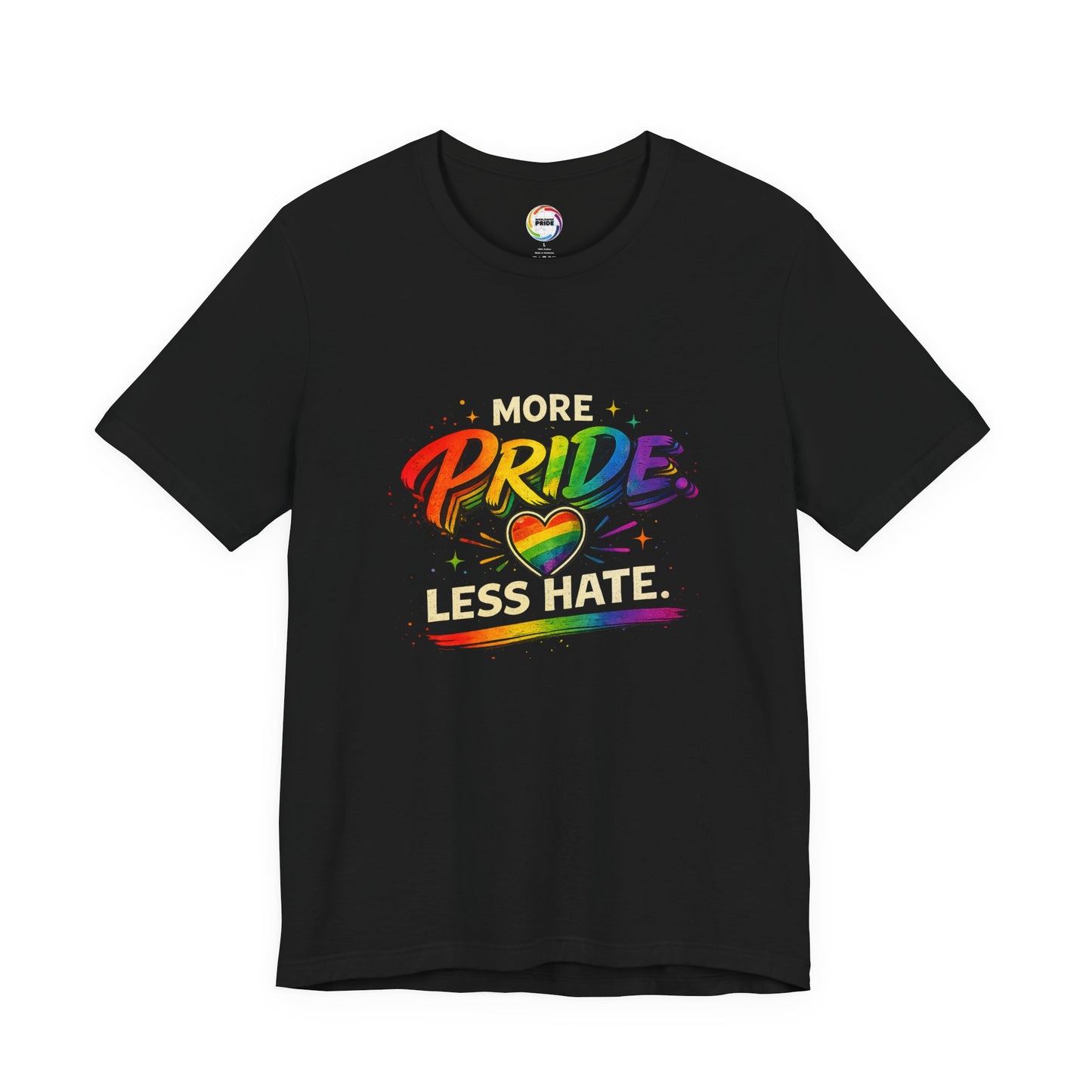 Pride T-Shirt - "More Pride, Less Hate" Rainbow Heart Tee