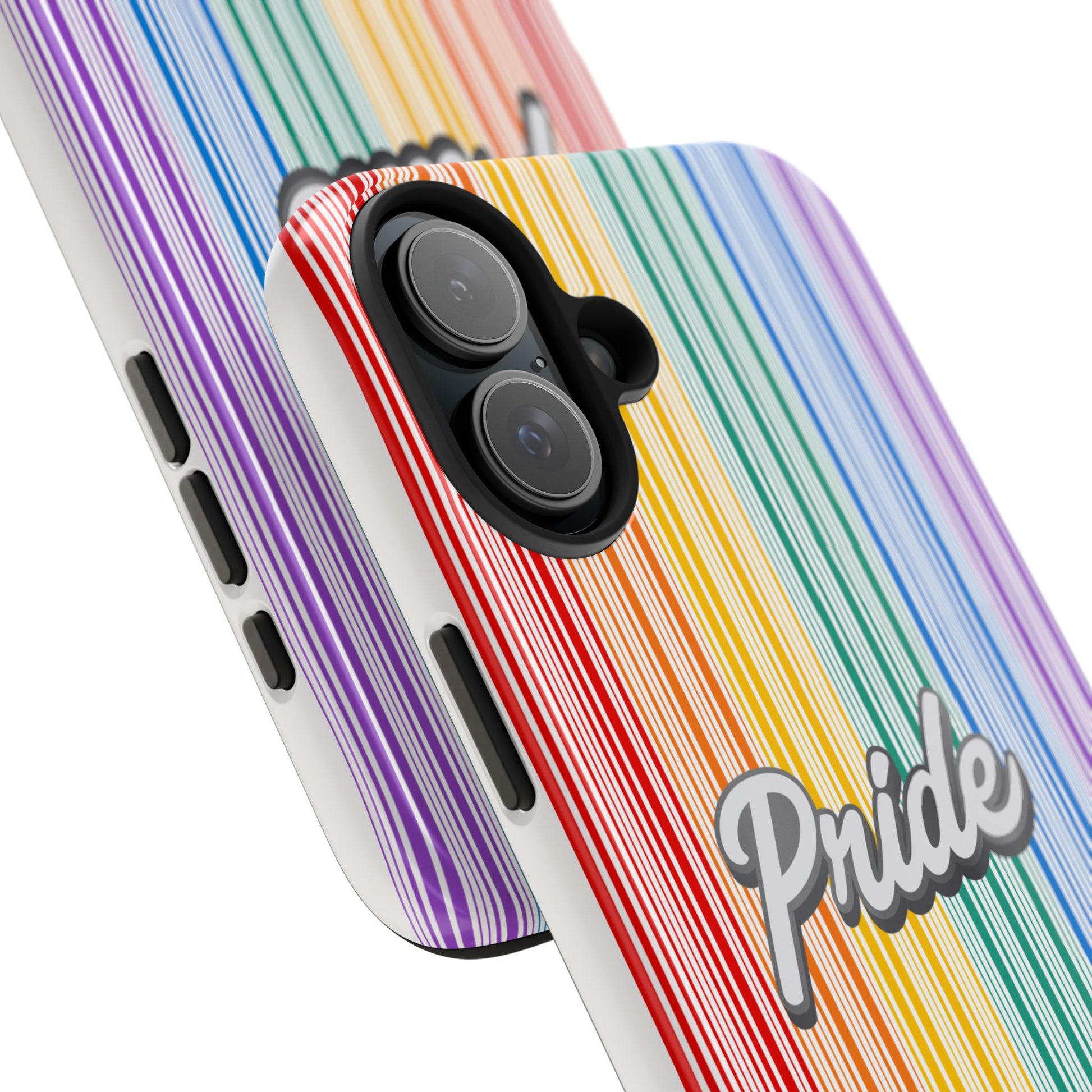 Close up view of the signature PRIDE iPhone case one with a vibrant rainbow stripe pattern proudly featuring the word Pride. This striking phone case is celebrating the LGBTQ community with its bold design and vivid colors.