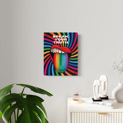 Worldwide PRIDE presents a vibrant piece of wall art that depicts an open mouth with rainbow-colored lips and tongue against a swirling rainbow backdrop. The words Speak Your Truth celebrate the LGBTQ community. Nearby, a plant and decorative items add charm to the scene.
