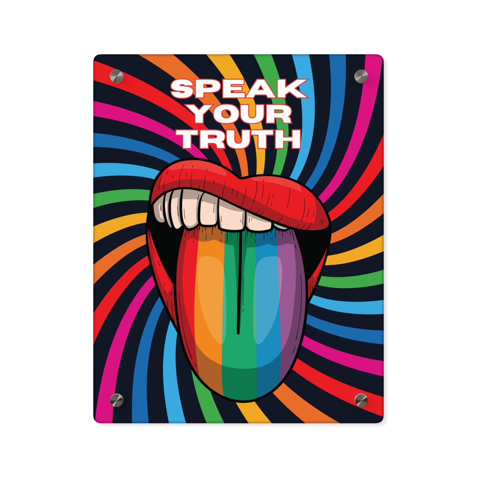 A 11"x14" vibrant piece of wall art depicts an open mouth with rainbow-colored lips and tongue against a swirling rainbow backdrop. The words Speak Your Truth celebrate the LGBTQ community. The art is placed on a plain white background.
