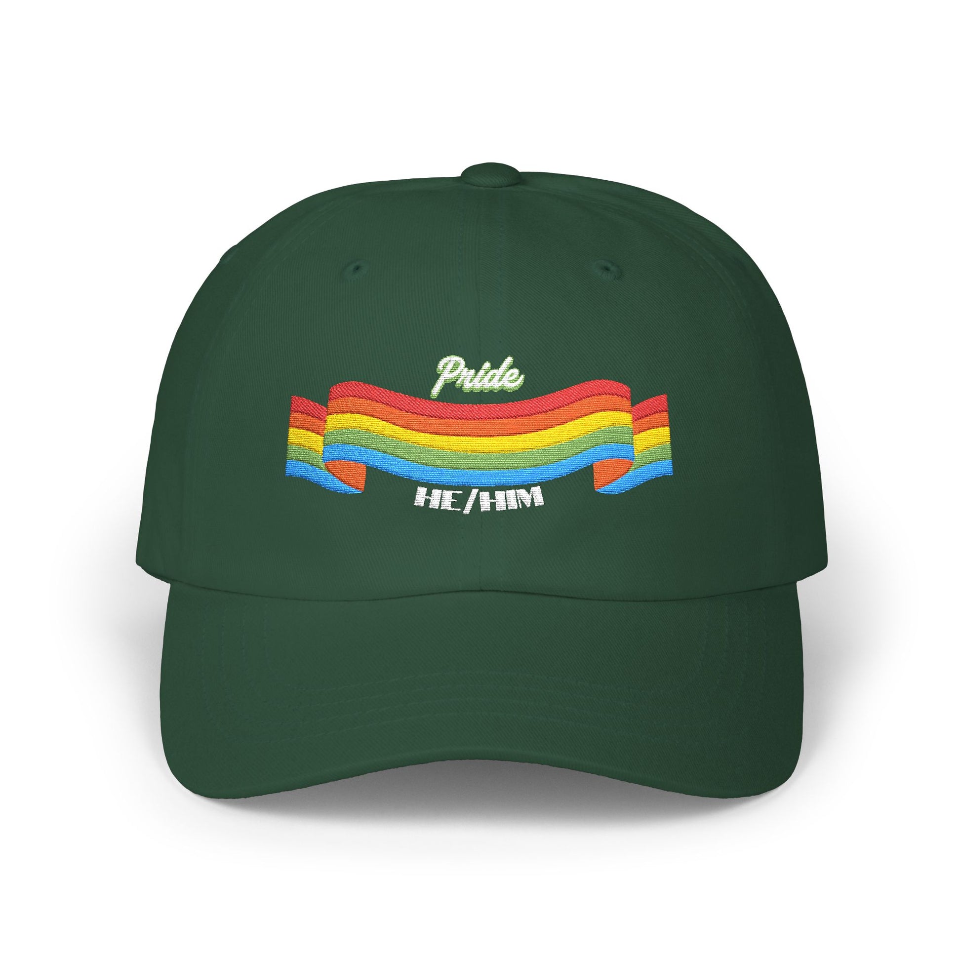 A green cap from the Worldwide PRIDE store, featuring a rainbow design and the embroidered pronouns he/him.