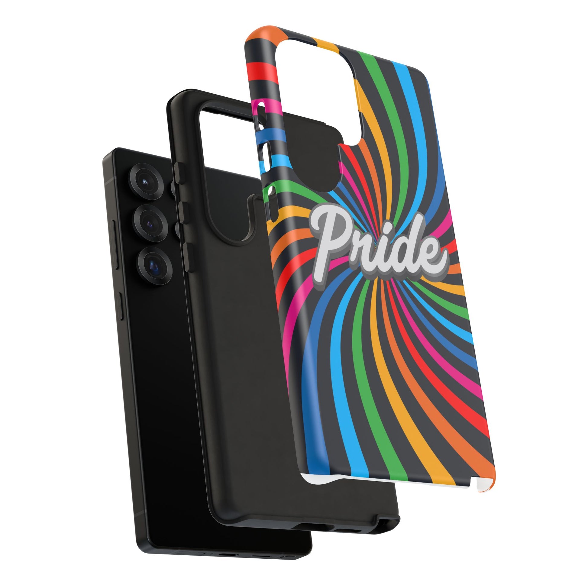 An exploded view of a PRIDE Samsung case one with a vibrant rainbow swirl pattern proudly featuring the word Pride. This striking phone case is celebrating the LGBTQ community with its bold design and vivid colors.