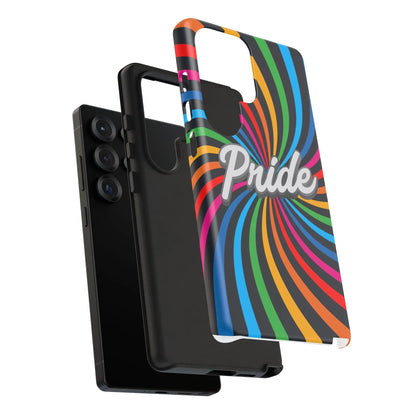 An exploded view of a PRIDE Samsung case one with a vibrant rainbow swirl pattern proudly featuring the word Pride. This striking phone case is celebrating the LGBTQ community with its bold design and vivid colors.