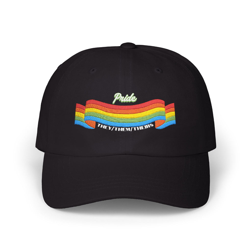 A black cap from the Worldwide PRIDE store, featuring a rainbow design and the embroidered pronouns they/them/theirs.
