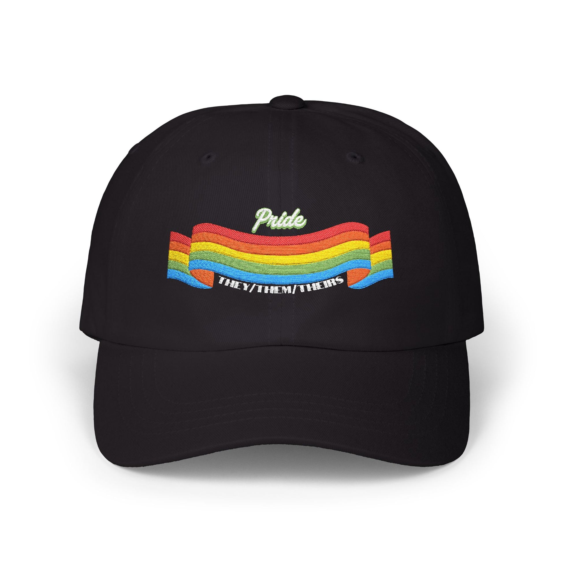A black cap from the Worldwide PRIDE store, featuring a rainbow design and the embroidered pronouns they/them/theirs.