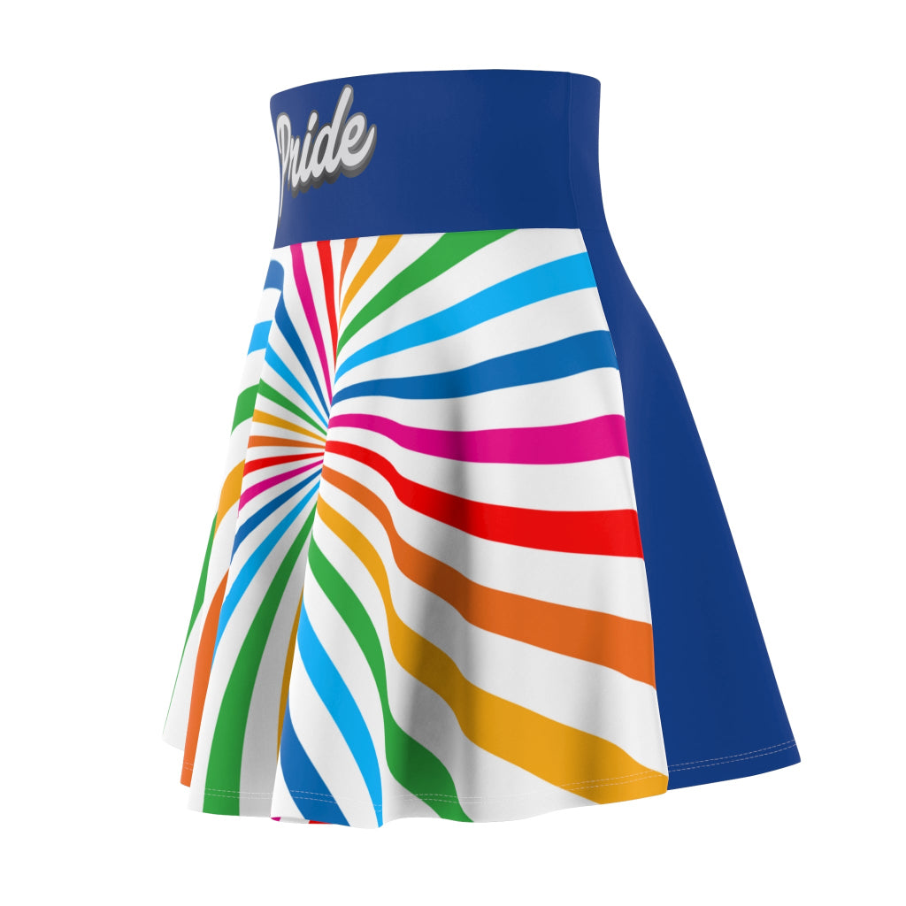 A colorful skirt with a spiral of rainbow stripes converging at the center, celebrating worldwide PRIDE. The blue waistband features Pride written in white script, representing the LGBTQ community.