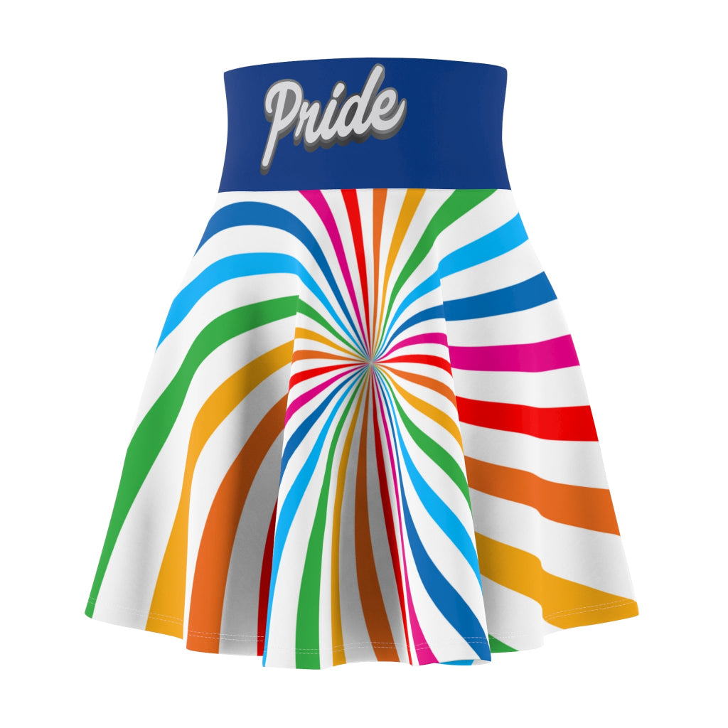 A colorful skirt with a spiral of rainbow stripes converging at the center, celebrating worldwide PRIDE. The blue waistband features Pride written in white script, representing the LGBTQ community.