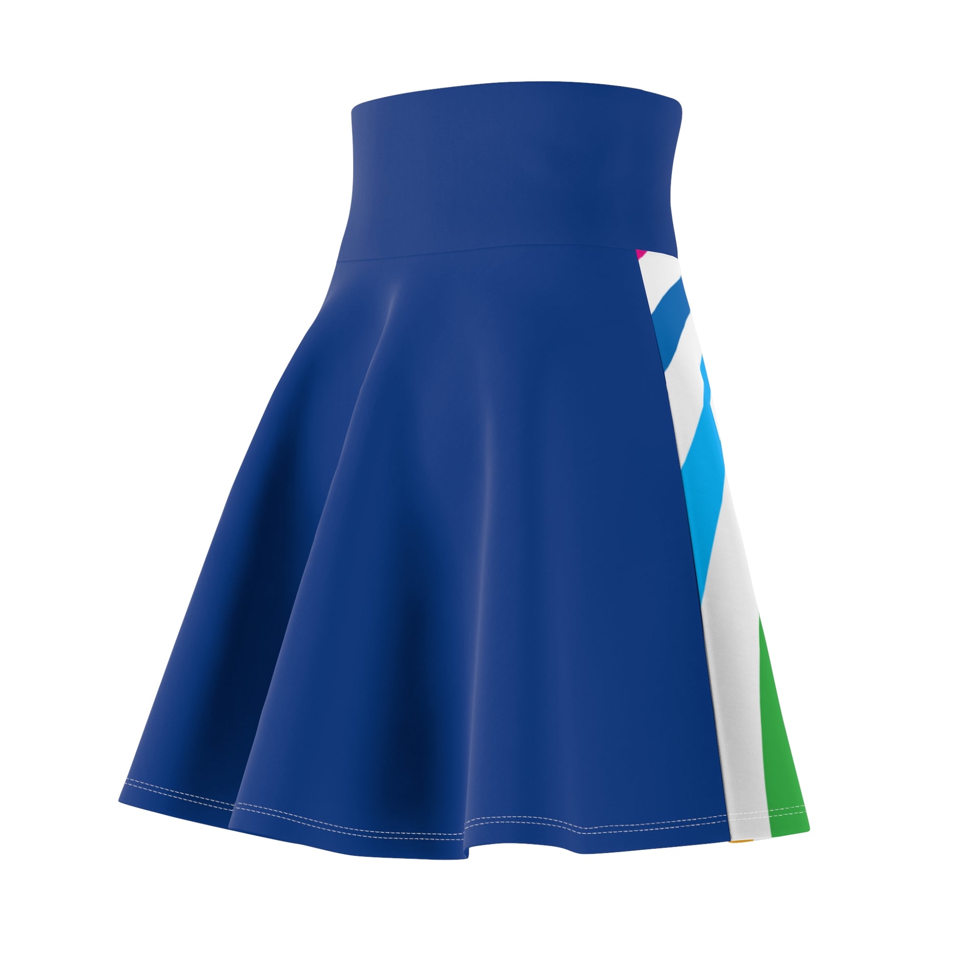 A colorful skirt with a spiral of rainbow stripes converging at the center, celebrating worldwide PRIDE. The blue waistband features Pride written in white script, representing the LGBTQ community.