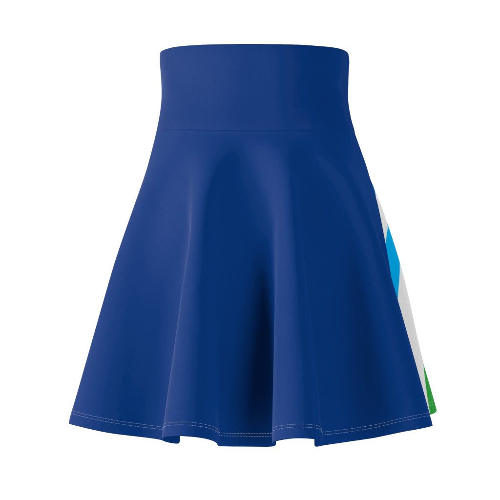 Back of a colorful skirt with a spiral of rainbow stripes converging at the center, celebrating worldwide PRIDE. The blue waistband features Pride written in white script, representing the LGBTQ community.