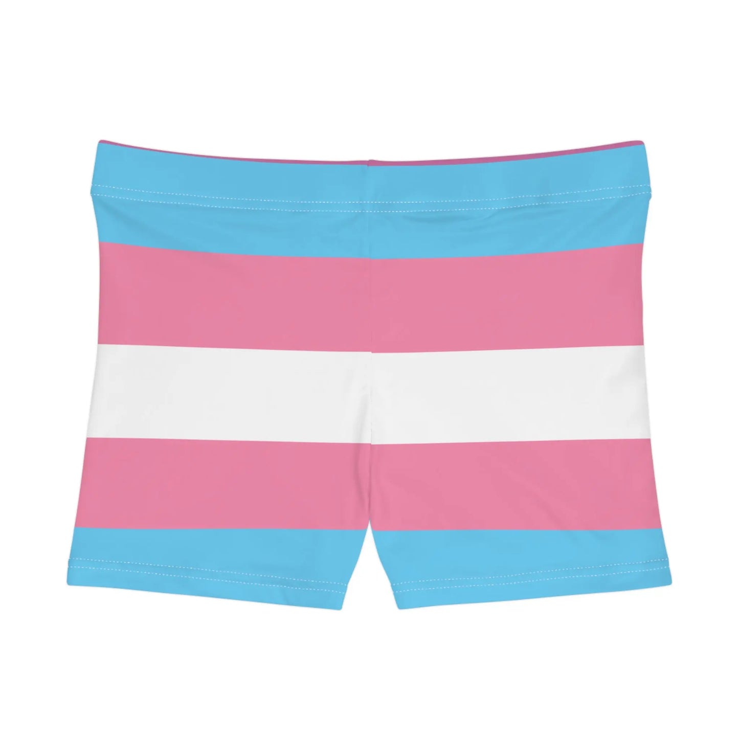 A photo of colorful shorts with pink, blue, and white horizontal stripes echoes the design of the transsexual flag.