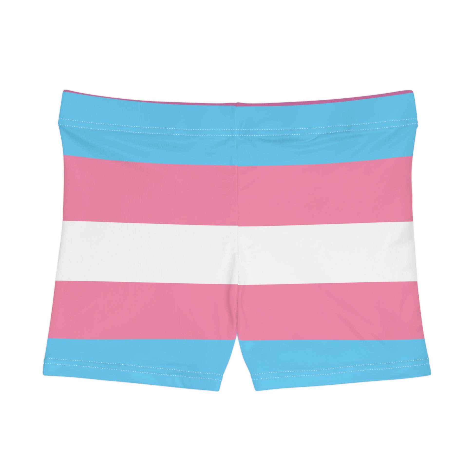 A photo of colorful shorts with pink, blue, and white horizontal stripes echoes the design of the transsexual flag.