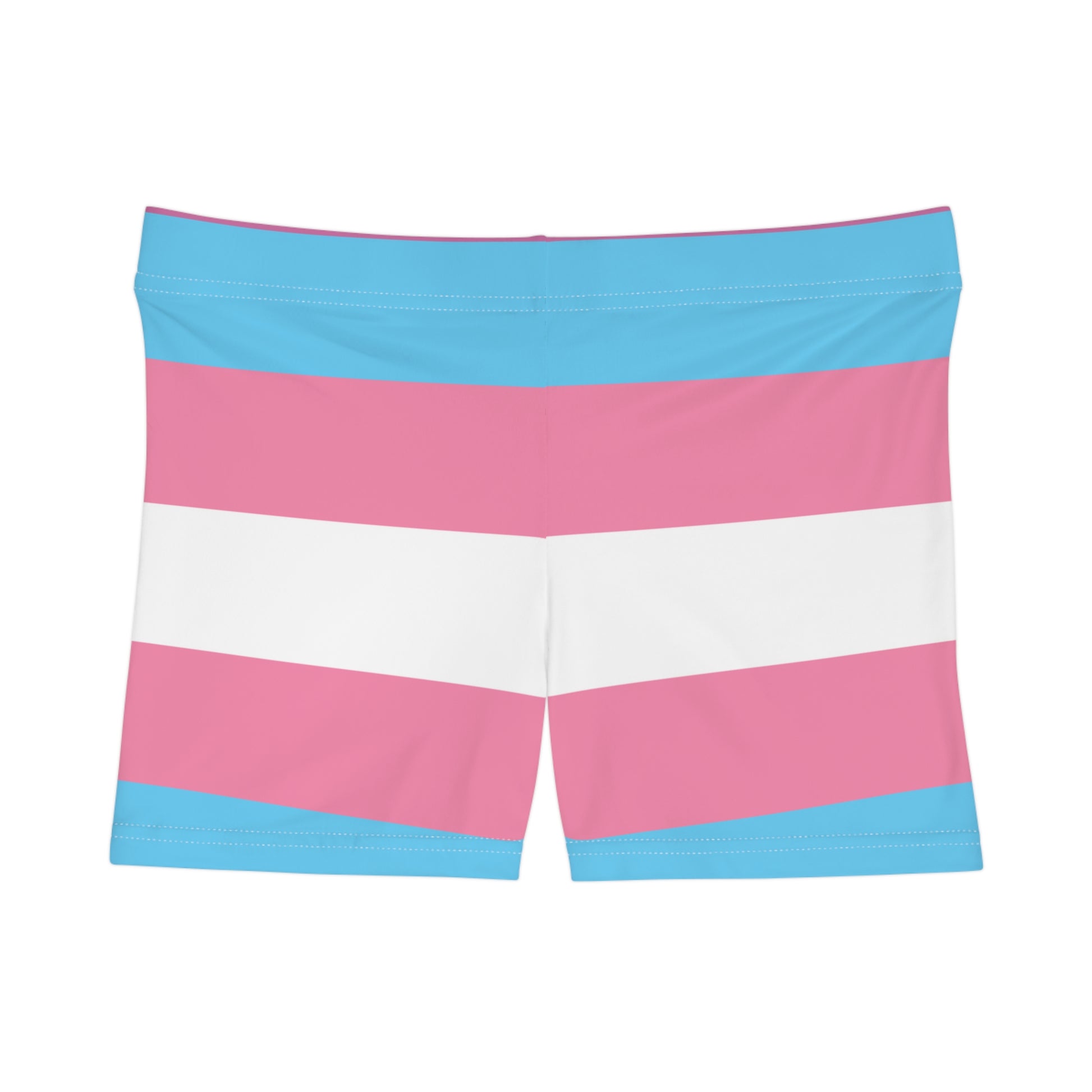 A photo of colorful shorts with pink, blue, and white horizontal stripes echoes the design of the transsexual flag.